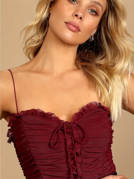 Lulus Tops - Lulus Ruched Burgundy Lace-Up Corset Bodysuit - M